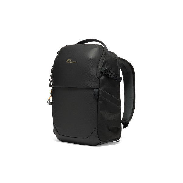 Black LowePro FASTPACK backpack shown from front three-quarter angle against white background, displaying main compartment, side pockets, and padded straps.