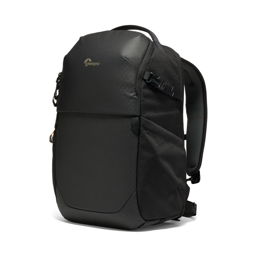 Black LowePro Fastpack backpack shown from the side angle, displaying front pocket, padded straps, and quilted texture pattern.