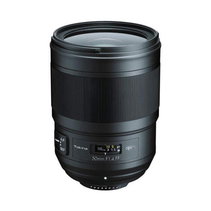 Black Tokina 50mm F1.4 lens shown from front angle against white background, displaying focus ring and AF/MF switch details.