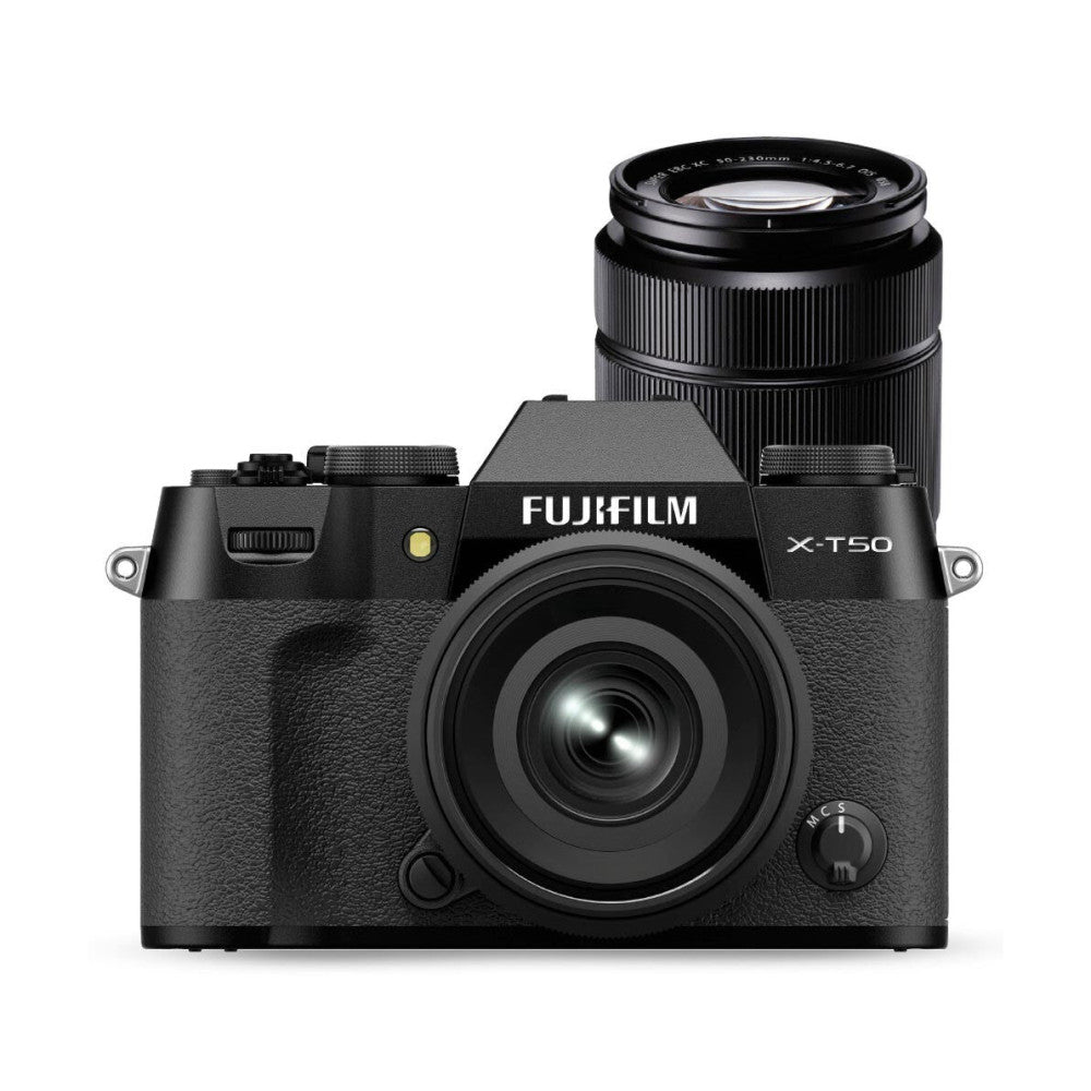 Front view of black Fujifilm X-T50 camera with two attached lenses displayed against white background.
