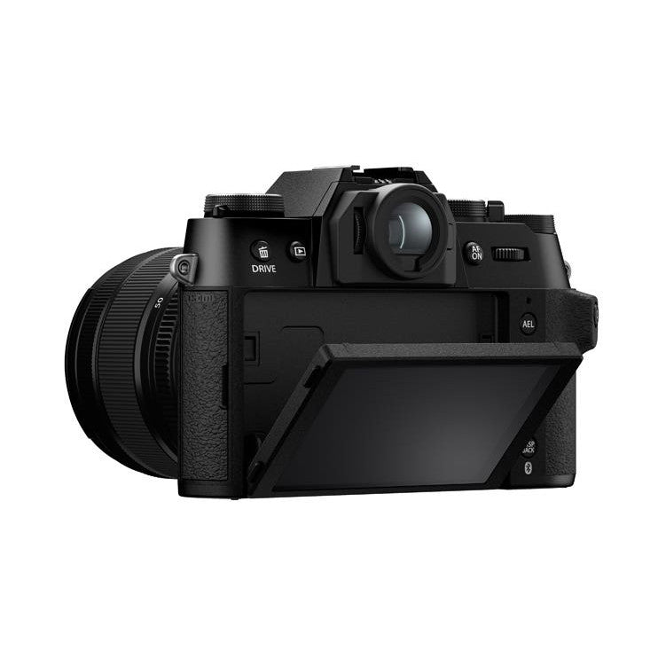 Black Fujifilm X-T50 camera with attached XC 35mm lens shown from rear three-quarter view, displaying articulating LCD screen and control buttons.