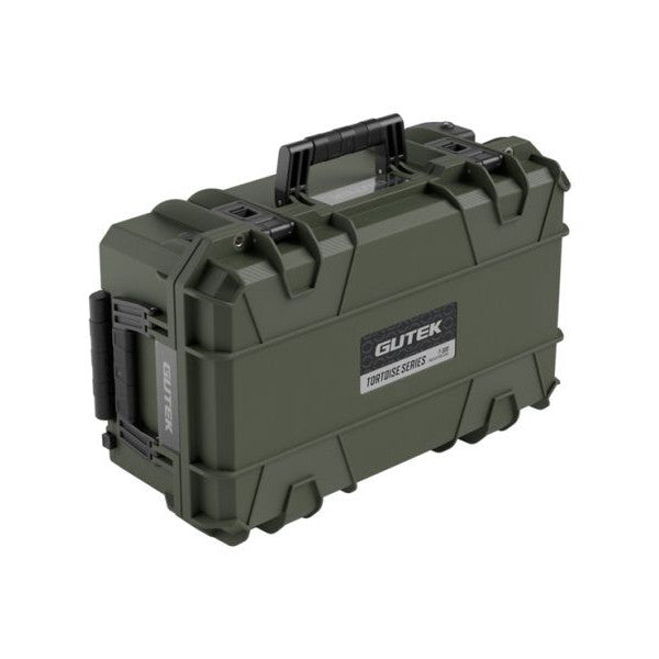 Olive drab green hard roller case with black handles and latches, shown from a three-quarter front angle against white background.