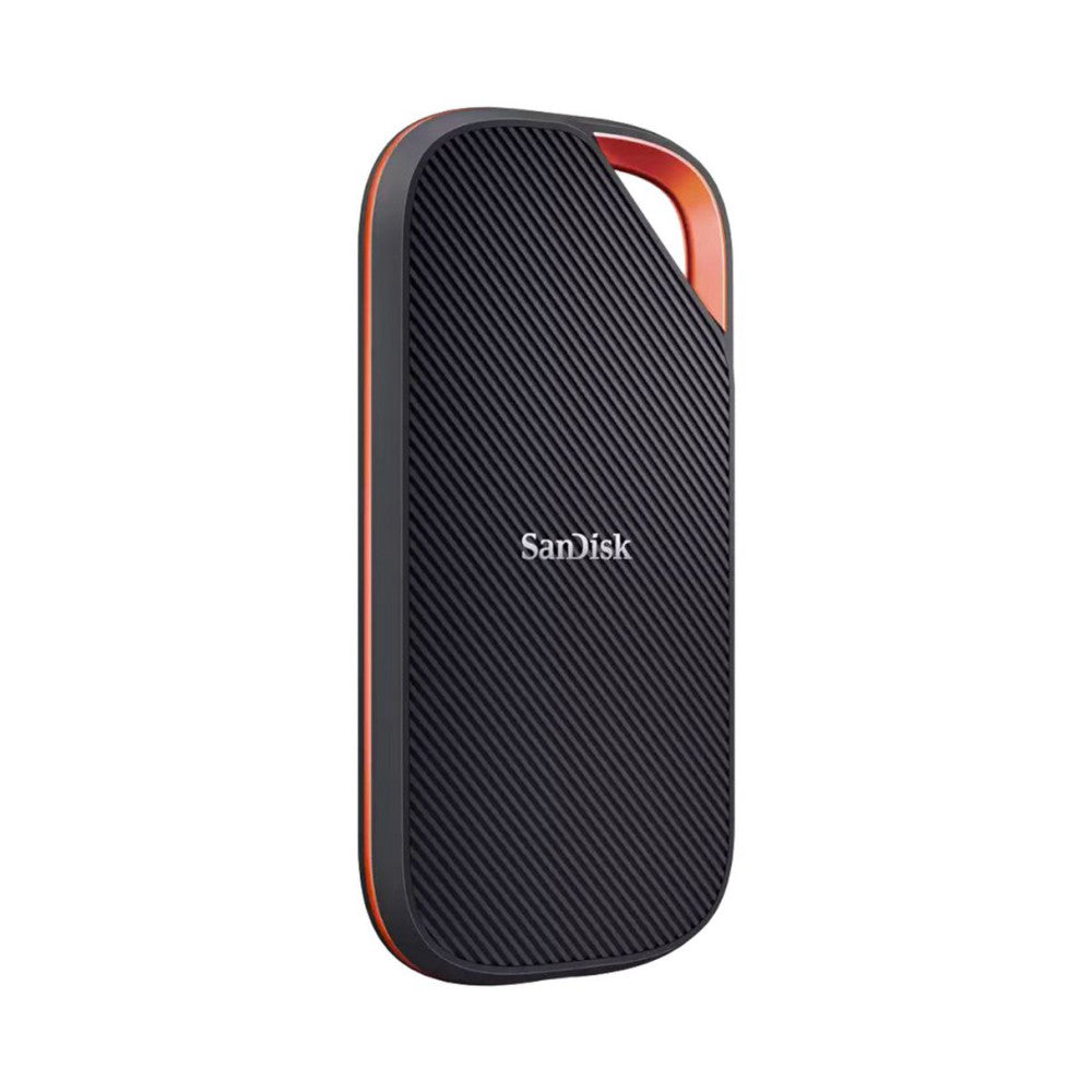 SanDisk Extreme PRO portable SSD shown from front angle, featuring black ribbed surface with red and orange accent trim along edges.