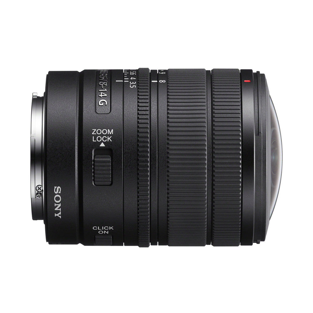 Side view of Sony FE 8-14mm F3.5 G Fisheye lens showing zoom ring, focus ring, and zoom lock mechanism against white background.