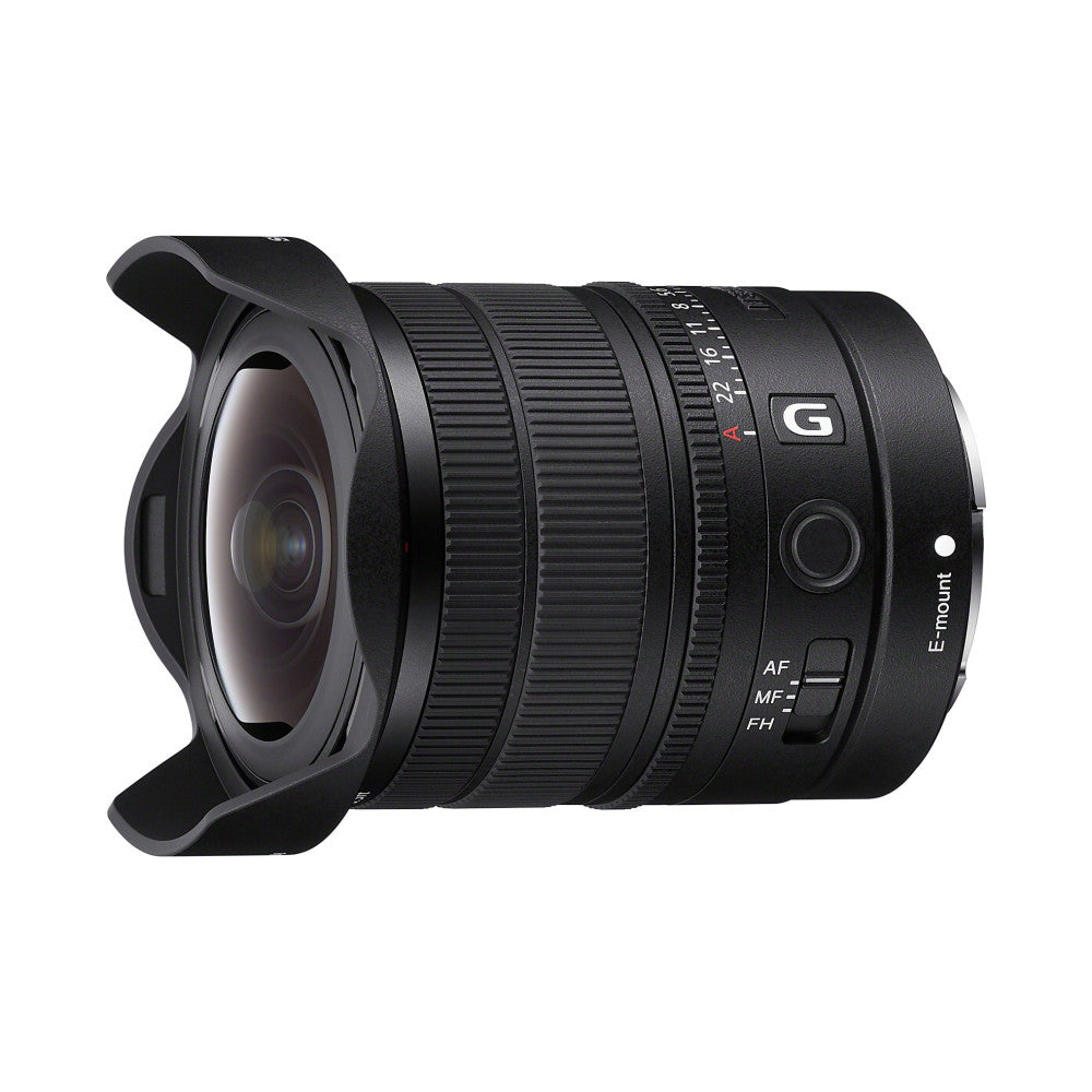Left-facing side view of a black Sony FE 8-14mm fisheye zoom lens with lens hood attached, showing focus ring, AF/MF switch, and front element.