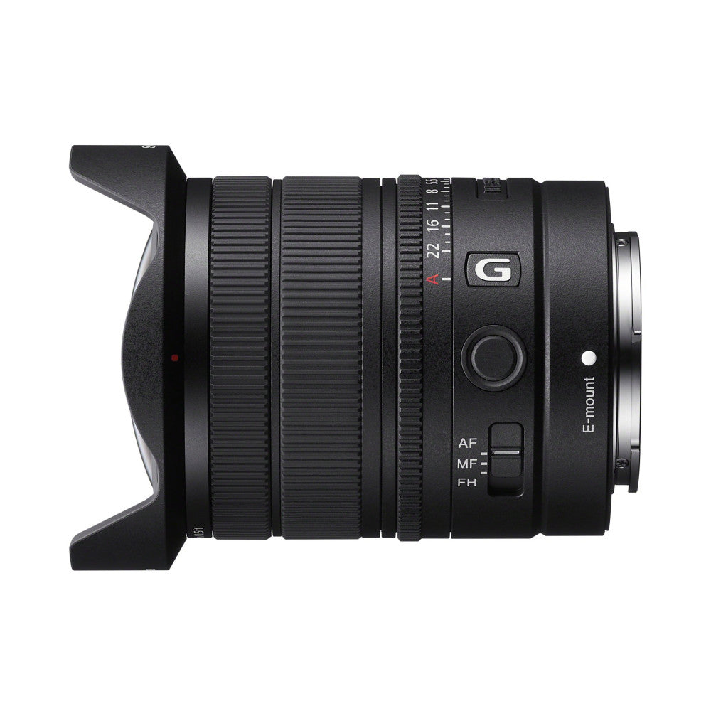 Side view of Sony FE 8-14mm F3.5 G fisheye lens showing focus ring, AF/MF/FH switches, and E-mount connector with lens hood attached.