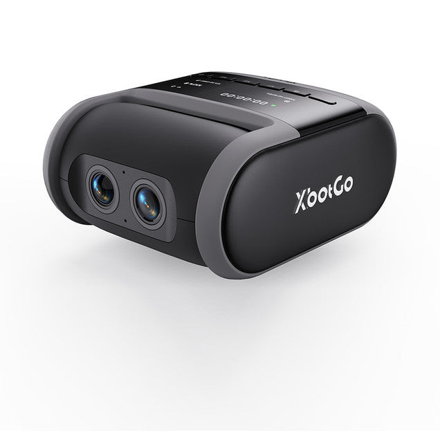 Black XbotGo Falcon 4K camera shown from front-left angle, displaying dual lenses and control panel on top against white background.