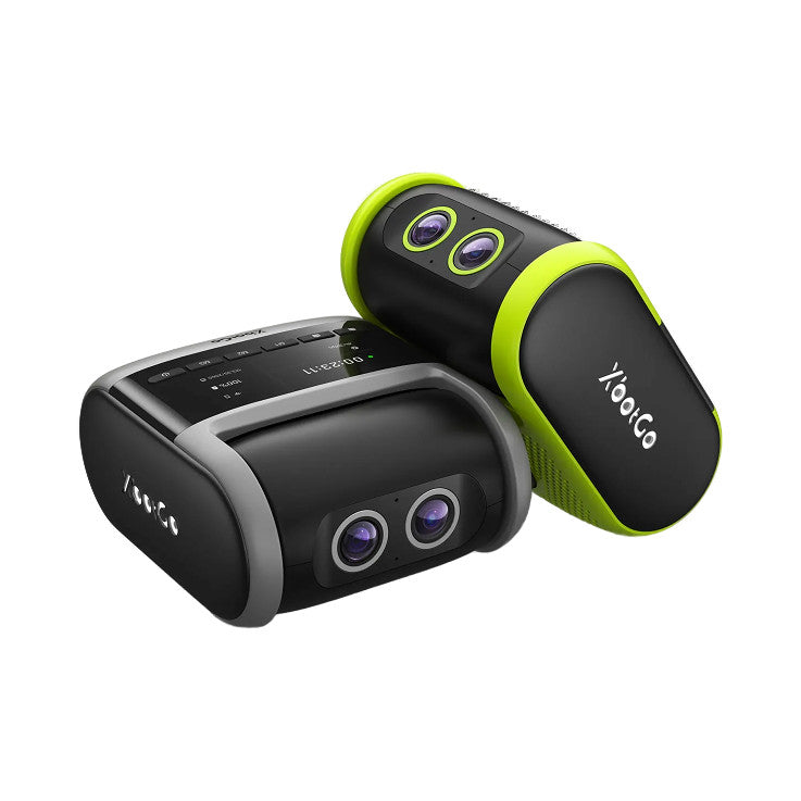 Two compact 4K action cameras with dual lenses displayed at angles, featuring black bodies with neon yellow accents and purple-tinted camera lenses.