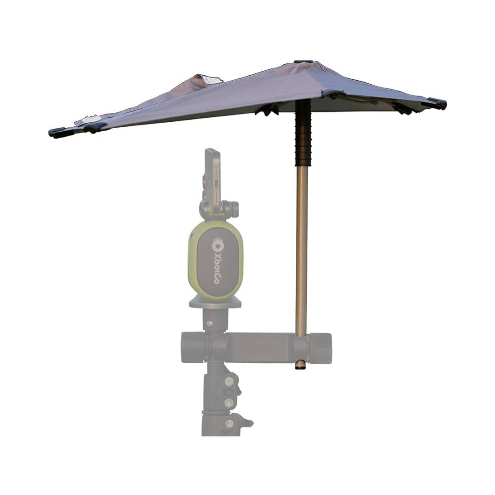 Gray umbrella mounted on a pole attached to a camera tripod head, shown from the side against a white background.