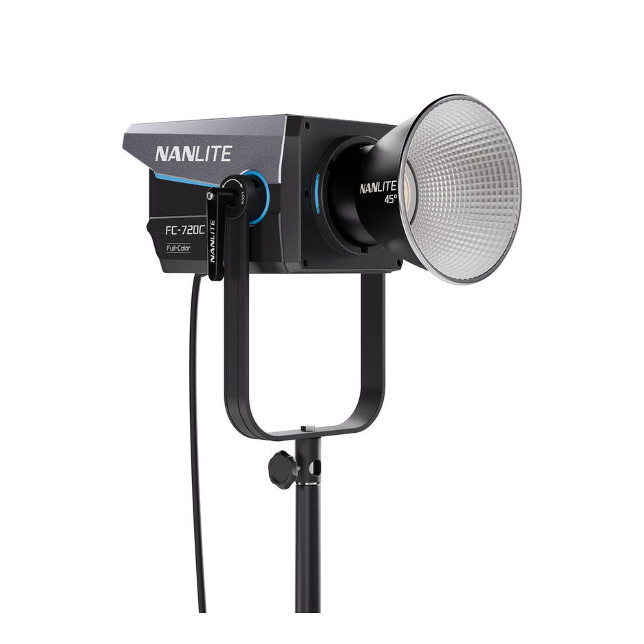 Nanlite FC-720C LED spotlight mounted on stand, shown from front angle with reflector and control panel visible against white background.