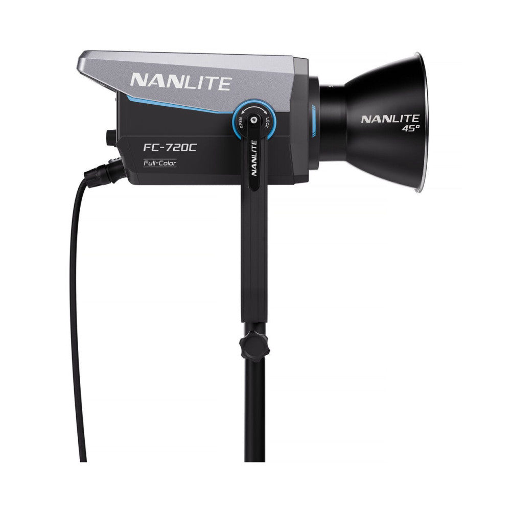 Nanlite FC-720C full-color LED spotlight mounted on stand, showing front three-quarter view with control dial and 45-degree lens attachment.