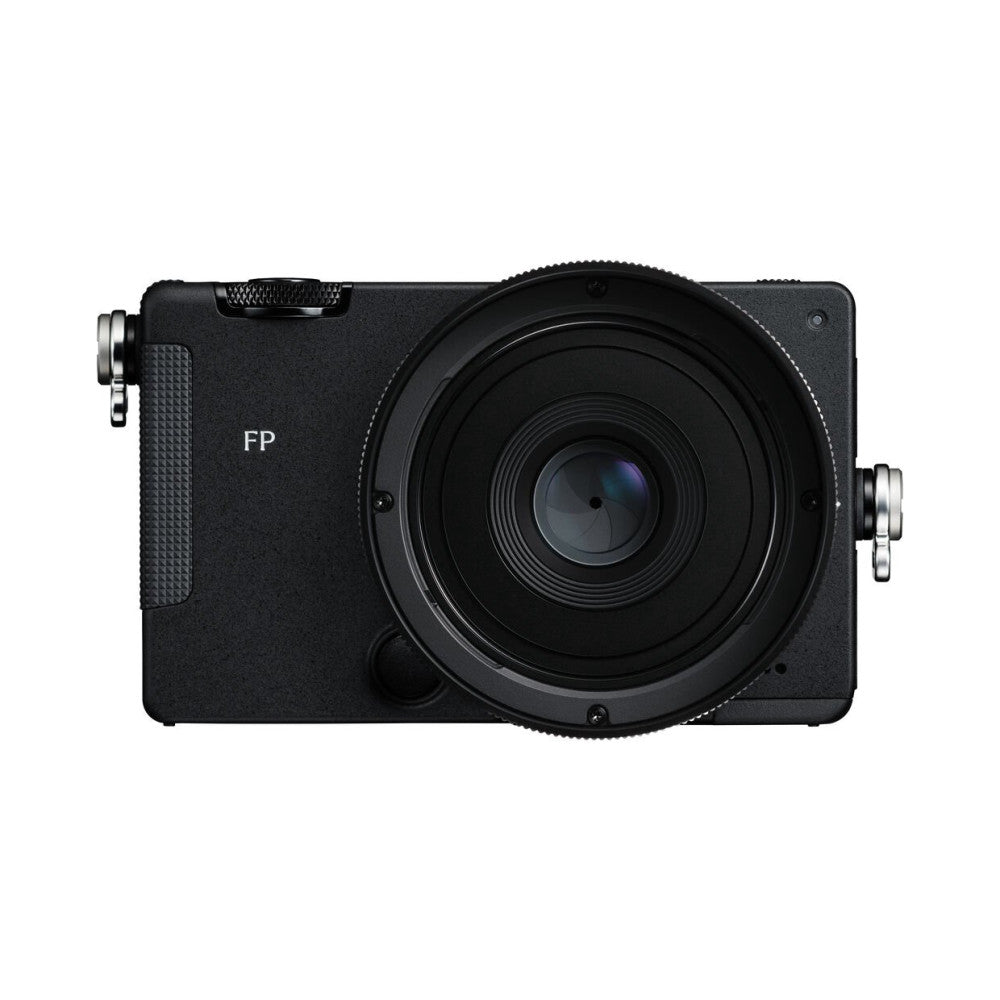 Top-down view of Sigma FP2 black mirrorless camera body showing large central lens mount and textured grip on left side.