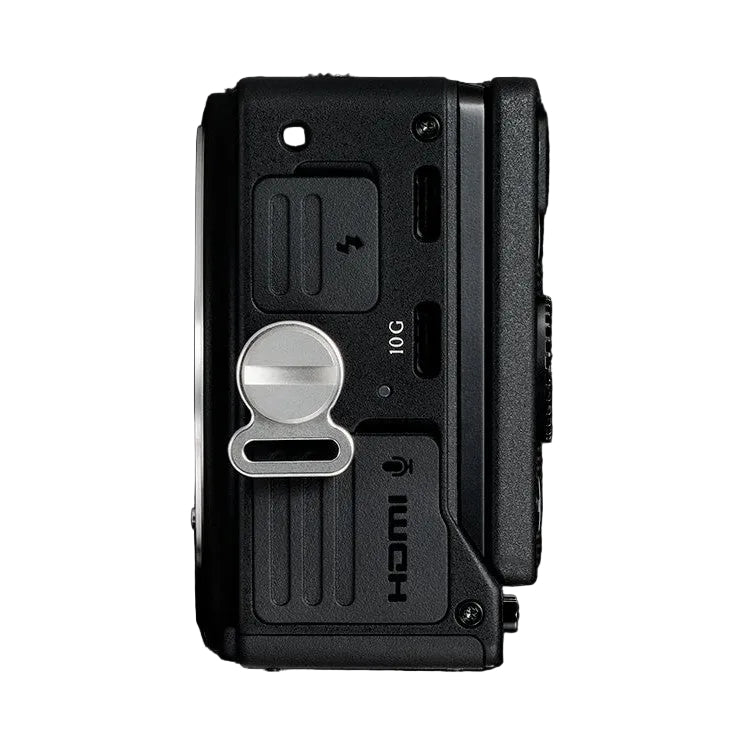 Rear view of black Sigma FP2 mirrorless camera body showing LCD screen area, control dial, and HDMI port against dark background.