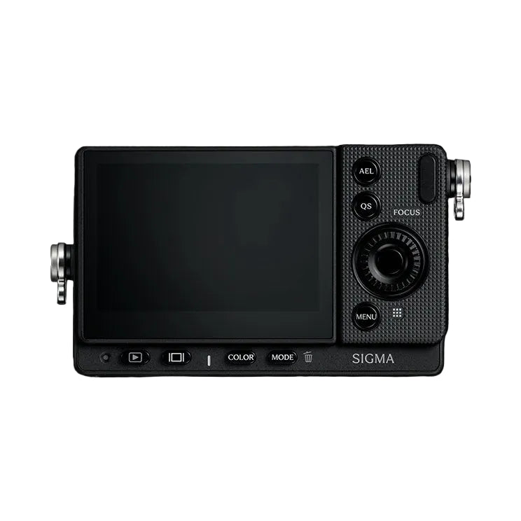 Rear view of Sigma FP2 mirrorless camera showing LCD screen, control buttons, dial, and textured grip against black background.