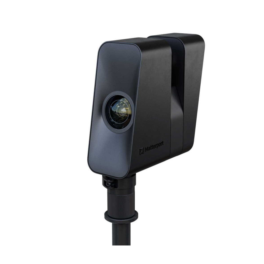 Black Matterport Pro3 camera mounted on a pole, shown from a side angle against a white background.