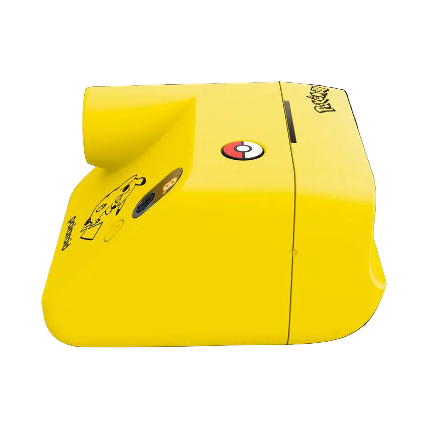 Bright yellow Polaroid GO camera with Pikachu design, shown from a three-quarter angle displaying the front and side with iconic Pokemon branding and controls visible.