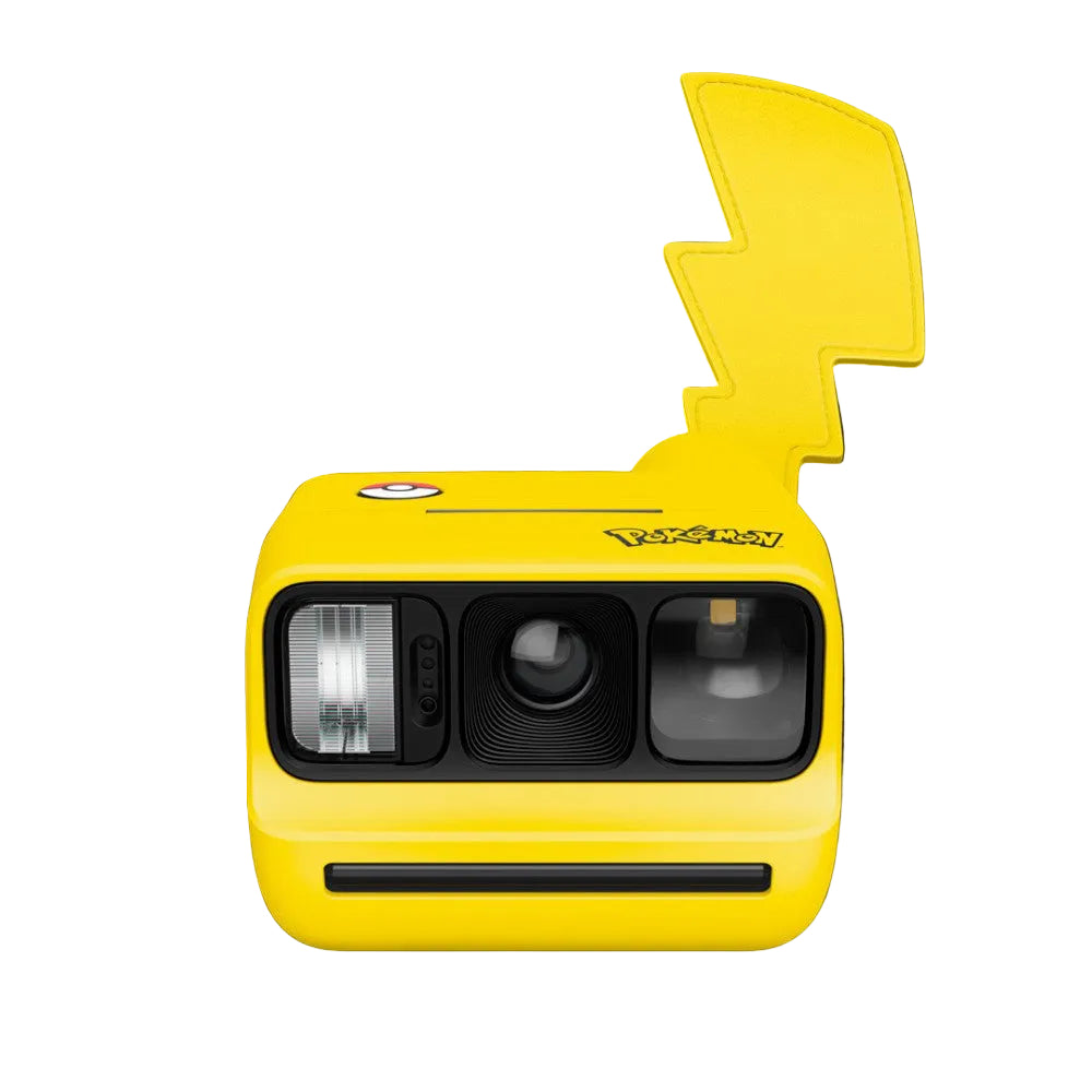 Yellow Polaroid GO camera shaped like Pikachu's head with flash, lens, and viewfinder visible on front, against black background.