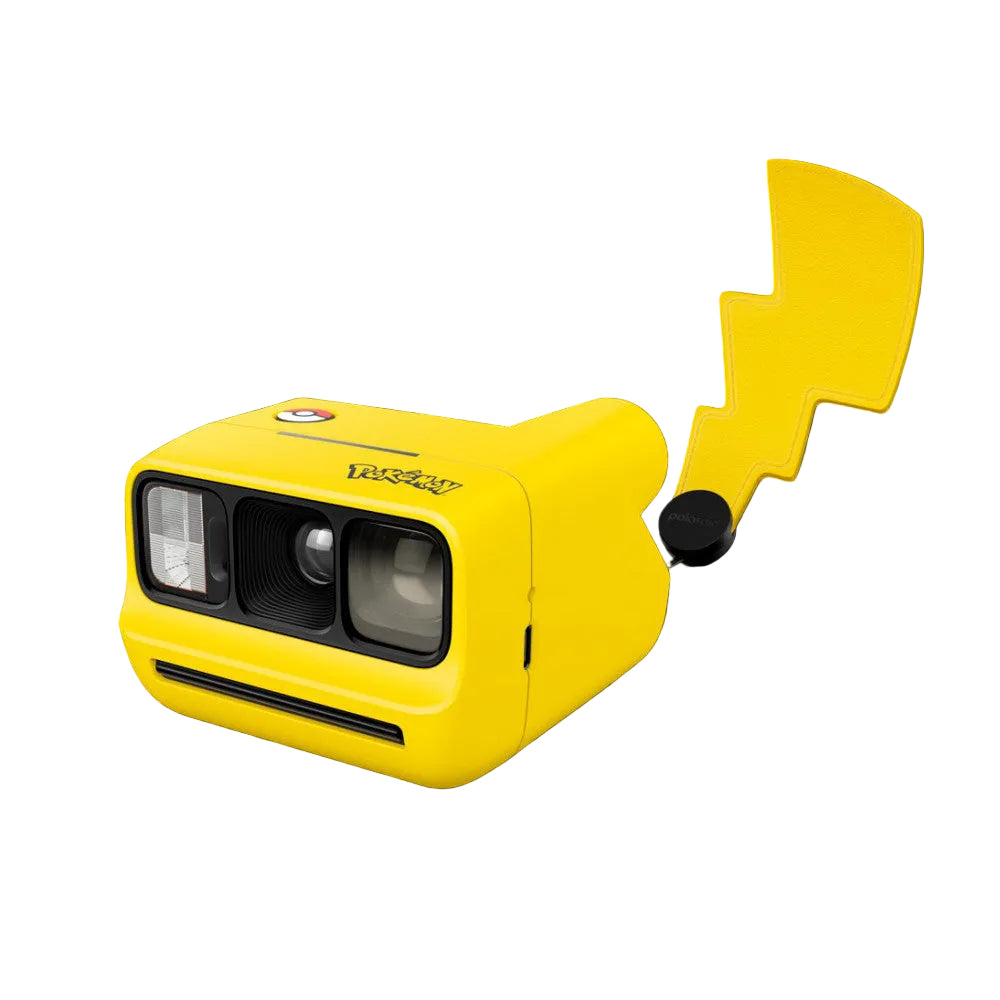 Yellow Polaroid GO camera with Pikachu-shaped design, shown from front-left angle against black background, featuring dual lens setup and extended tail-shaped viewfinder.