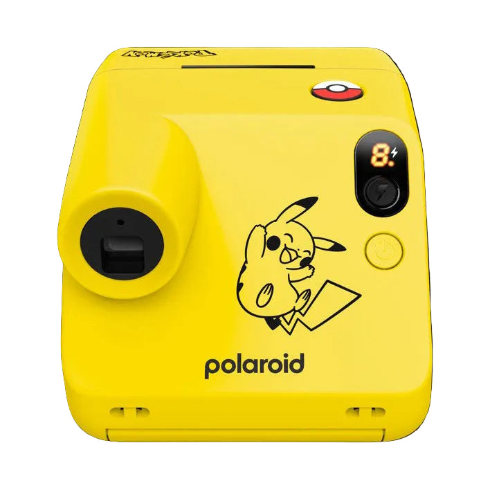 Yellow Polaroid GO G3 camera with Pikachu illustration, shown from front angle against black background, displaying lens, flash, and battery indicator.