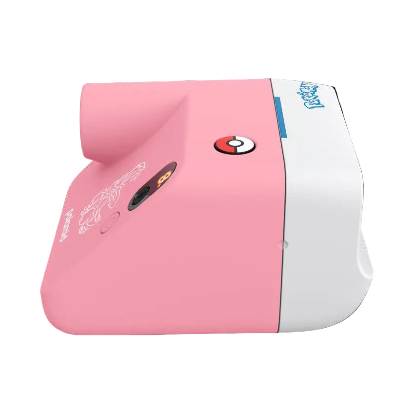 Pink and white Polaroid GO G3 camera with Sylveon Pokemon graphics, shown at a three-quarter angle against a black background.
