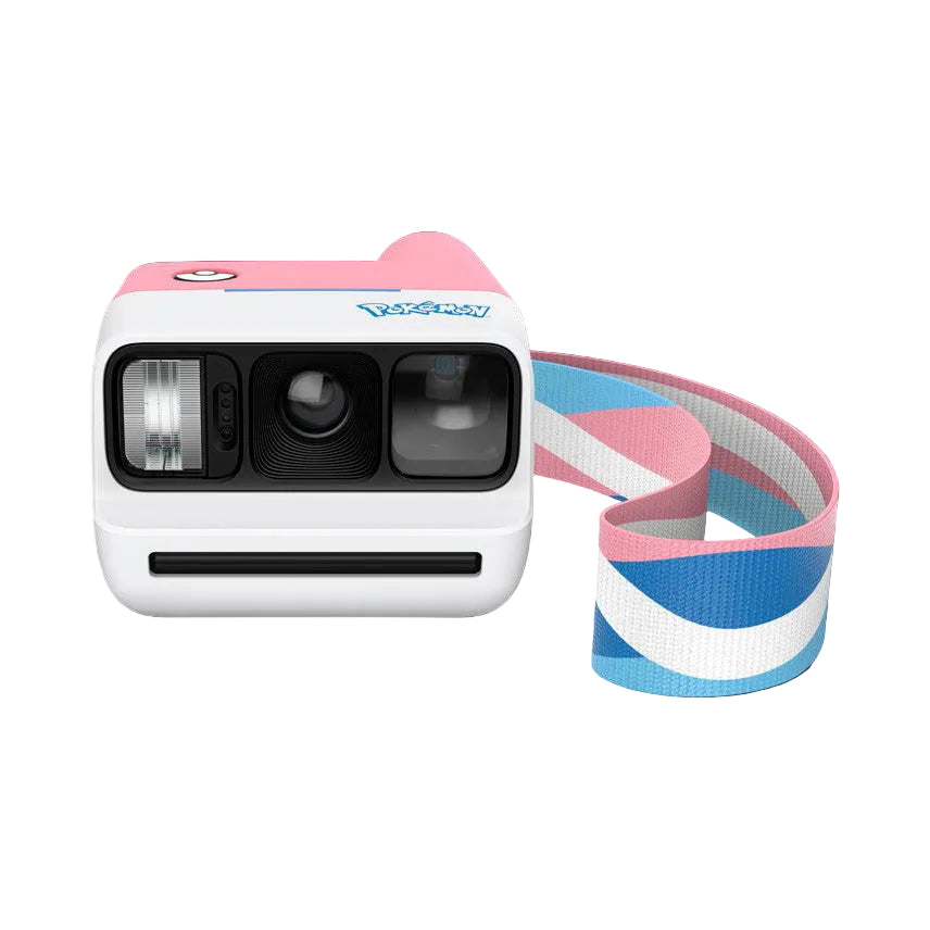 Polaroid GO G3 Pokemon camera in pink and white with attached striped strap, shown against black background.
