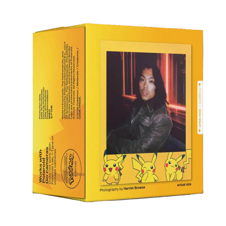 Yellow Pokémon-themed Polaroid GO film box displayed at an angle, showing the front window with a portrait photograph and Pikachu illustrations at the bottom.