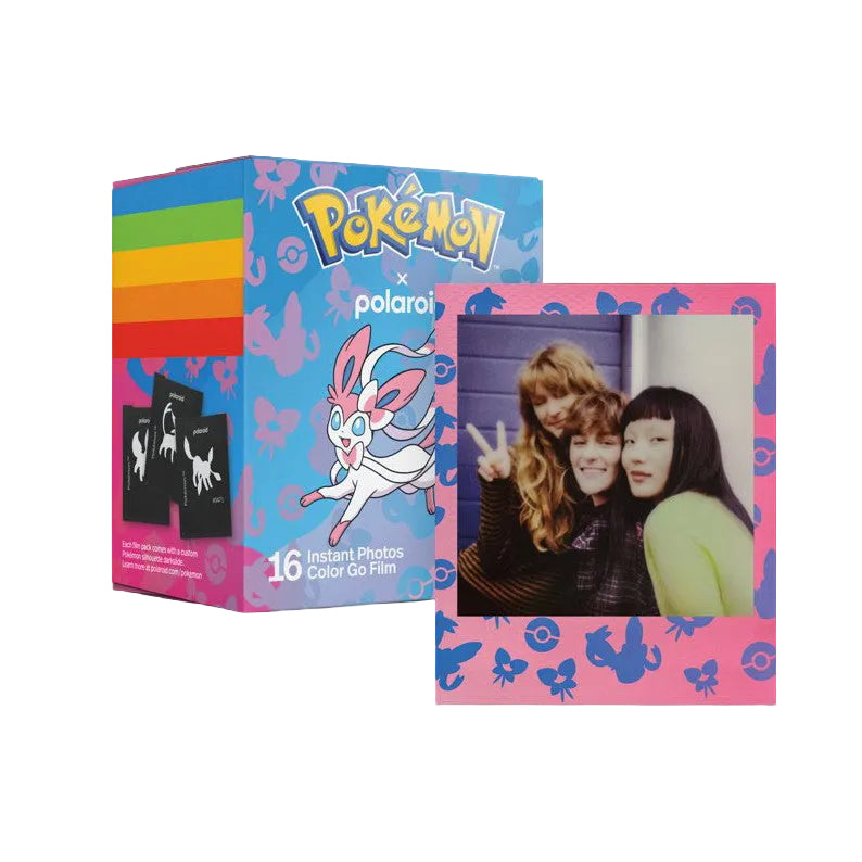 Polaroid GO Pokemon film box and sample instant photo with pink frame featuring Sylveon design against black background.