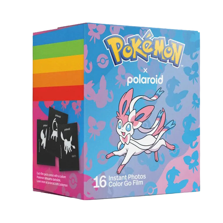 Pokémon x Polaroid collaboration box displayed at three-quarter angle showing colorful rainbow film packs and Sylveon illustration on blue packaging.