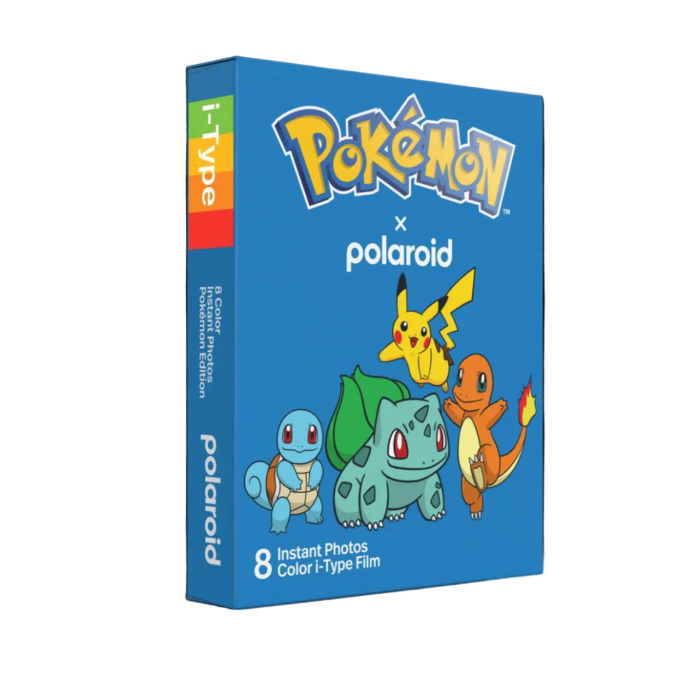 Blue box of Pokémon x Polaroid instant film displayed at an angle, showing front and side panels with Pikachu, Squirtle, Bulbasaur, and Charmander characters.