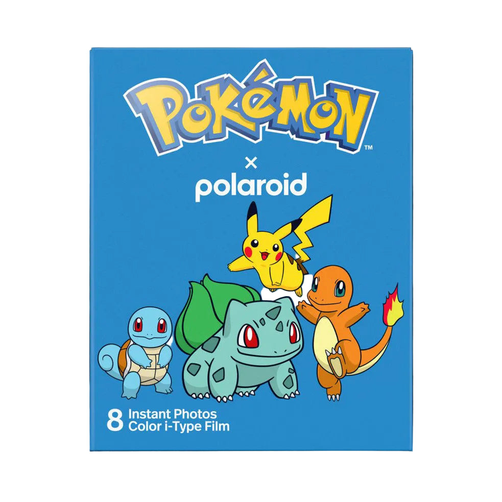 Front of blue Pokémon × Polaroid film box packaging featuring Pikachu, Squirtle, Bulbasaur, and Charmander characters.