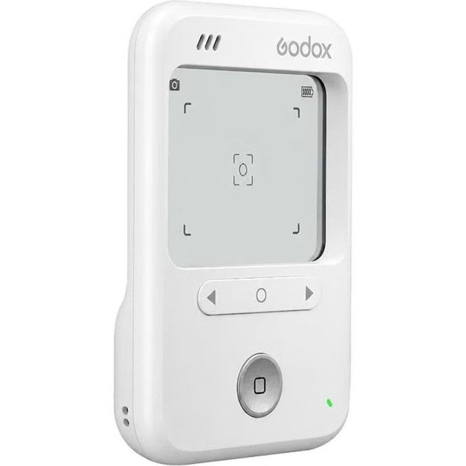Godox C-100 ViewFinder white handheld device shown from front angle, displaying touchscreen interface with directional controls and power button.