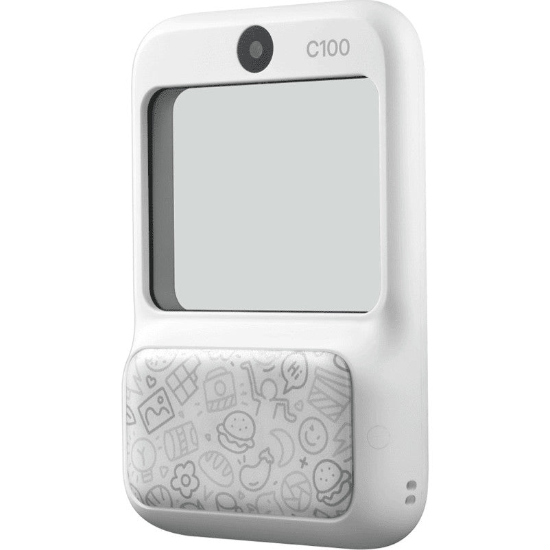 White GODOX C100 viewfinder camera displayed at an angle, showing the front screen, top-mounted lens, and patterned lower panel with food icons.