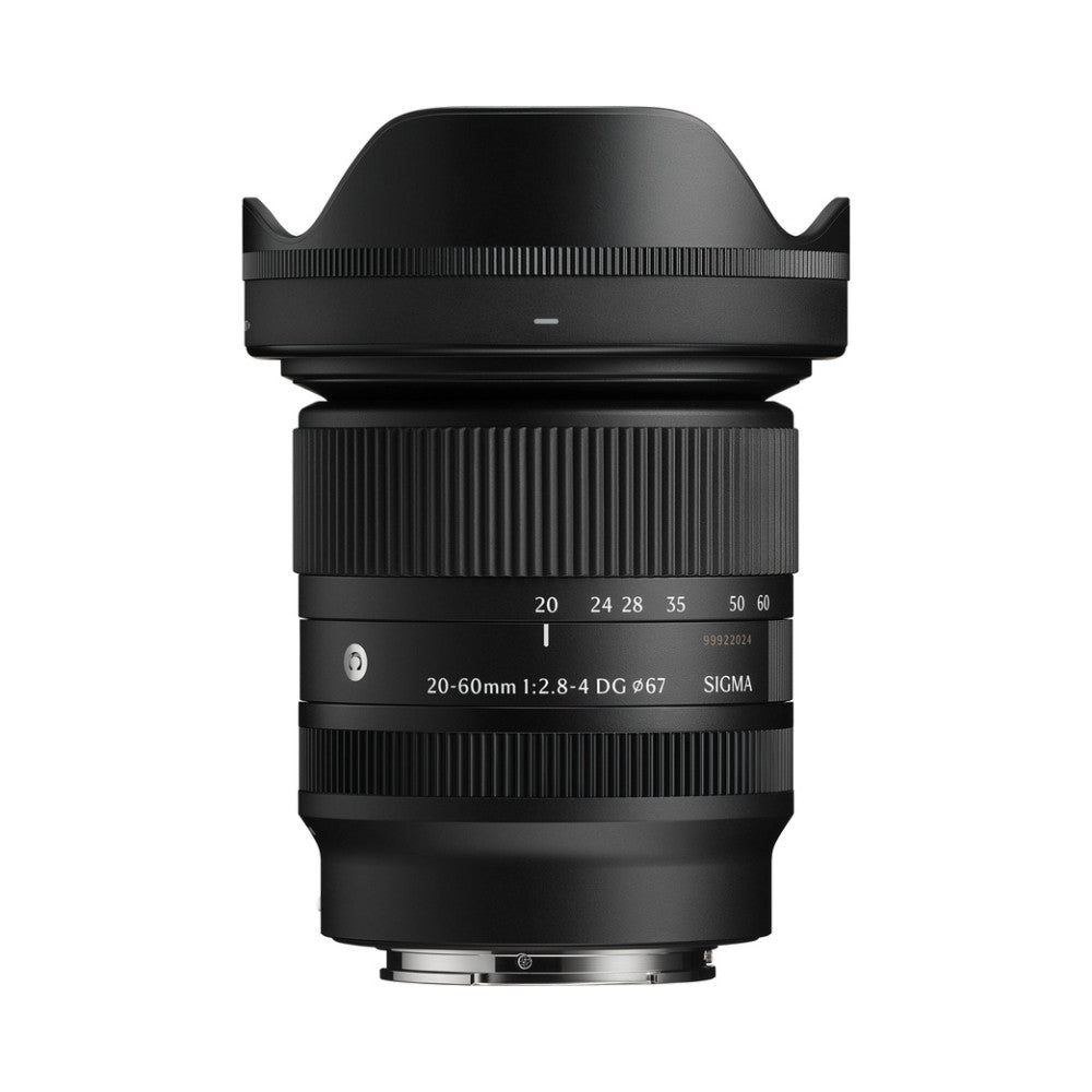 Front view of black Sigma zoom lens with hood attached, showing focal length markings and specifications on barrel against white background.