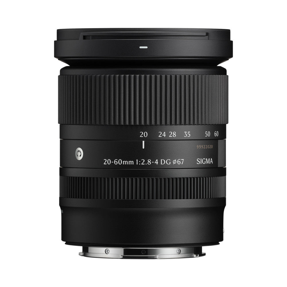 Front view of black Sigma zoom lens showing focal length markings, aperture range, and mount connection at base against white background.