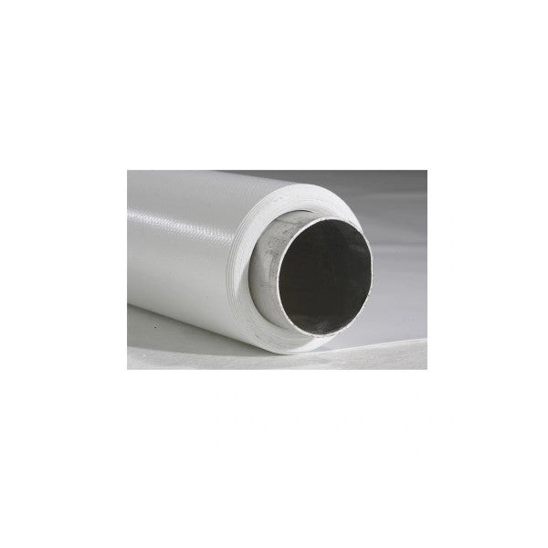 Close-up end view of a rolled white vinyl background showing the hollow tube interior and wrapped exterior packaging.