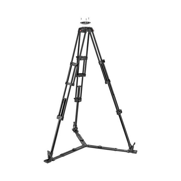 Black aluminum tripod with spreader base and central column, viewed from front angle against white background.