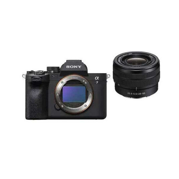 Sony A7 Mark IV camera body and FE 28-60mm lens displayed separately against white background, front view.