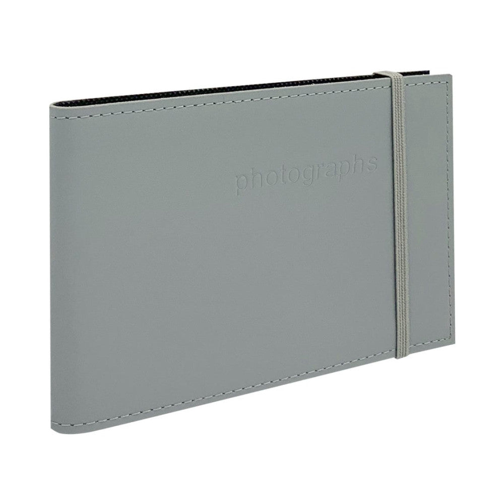 Gray leather photo wallet shown at an angle, displaying the front cover with embossed "photographs" text and elastic band closure on the right side.