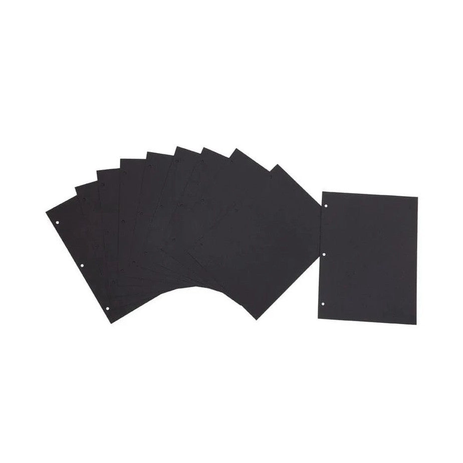 Ten black sheet protectors fanned out and stacked, showing their binding holes on the left side and one sheet displayed separately on the right.
