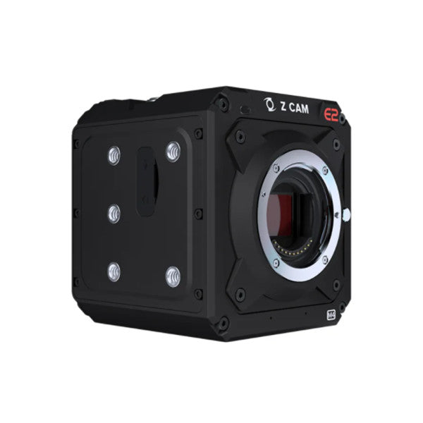 Black compact cinema camera shown from three-quarter angle, displaying lens mount and side control panel with illuminated buttons.