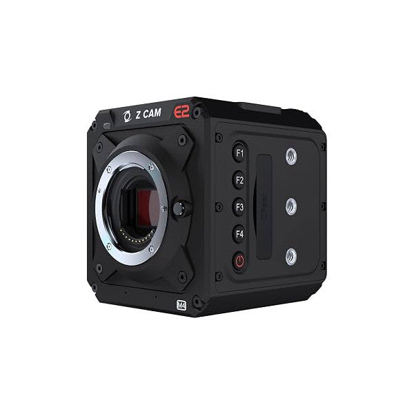Black compact cinema camera shown from front-left angle, displaying lens mount, control buttons, and side panel with function keys.