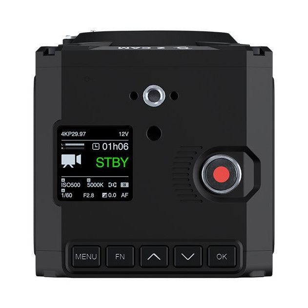 Rear view of ZCAM E2-M4 camera showing LCD screen, control buttons, and red record button on black body.