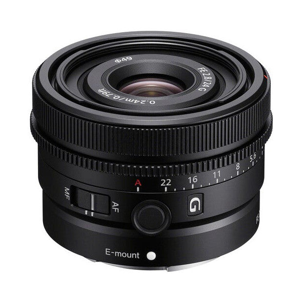 Front view of Sony FE 24mm f/2.8 G lens showing aperture ring, focus ring, AF/MF switch, and E-mount connection point.