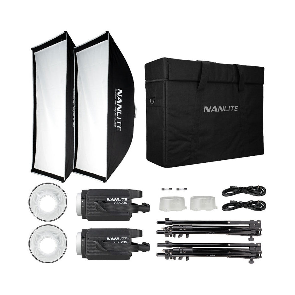 Nanlite FS200 Twin Kit components laid out flat including two LED lights, softboxes, stands, cables, and carrying case against white background.