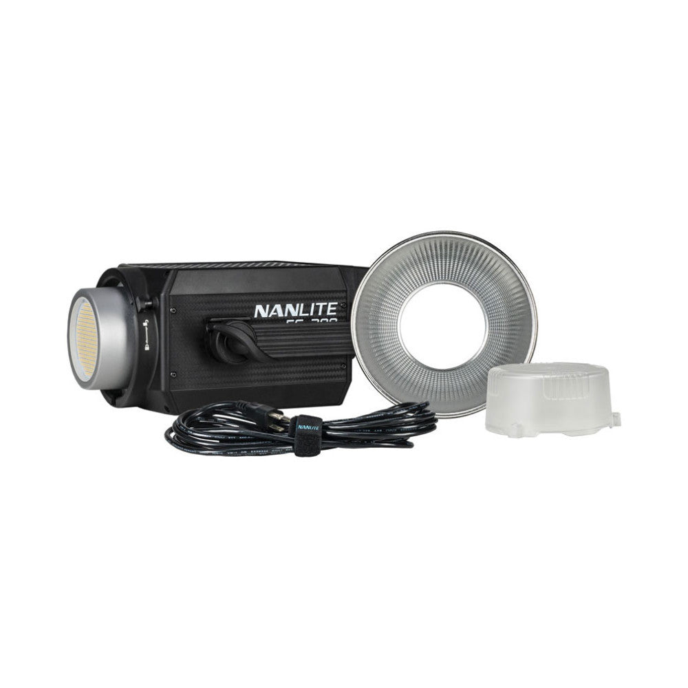 Nanlite FS200 LED light kit displayed flat lay with main unit, reflector, diffuser dome, and power cable against white background.