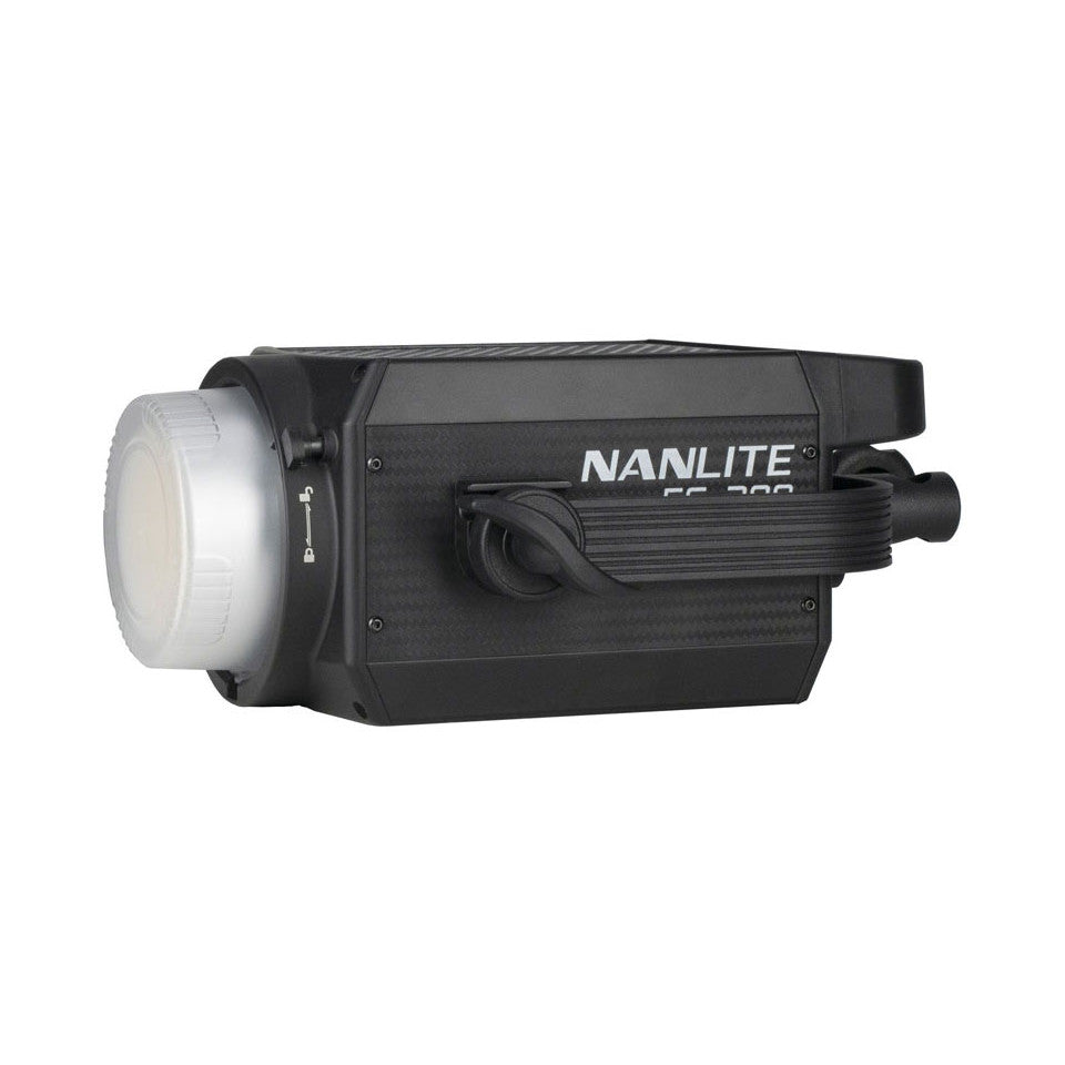 Side view of Nanlite FS200 LED light showing black housing with white diffuser dome and control knob against white background.