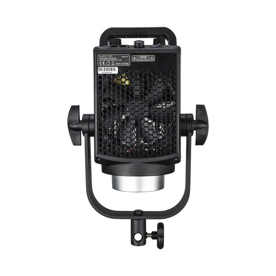 Front view of Nanlite FS200 LED light with hexagonal mesh head, black housing, carrying handle, and mount bracket against white background.