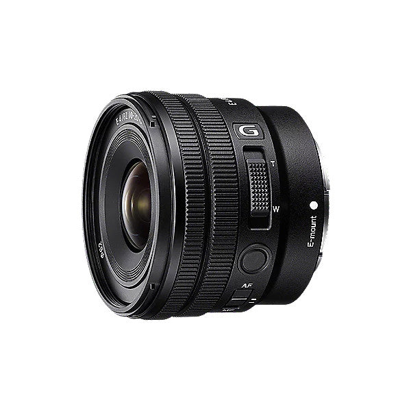Black Sony E-mount zoom lens photographed from the front-left angle, showing the barrel, focus ring, and autofocus controls against a white background.