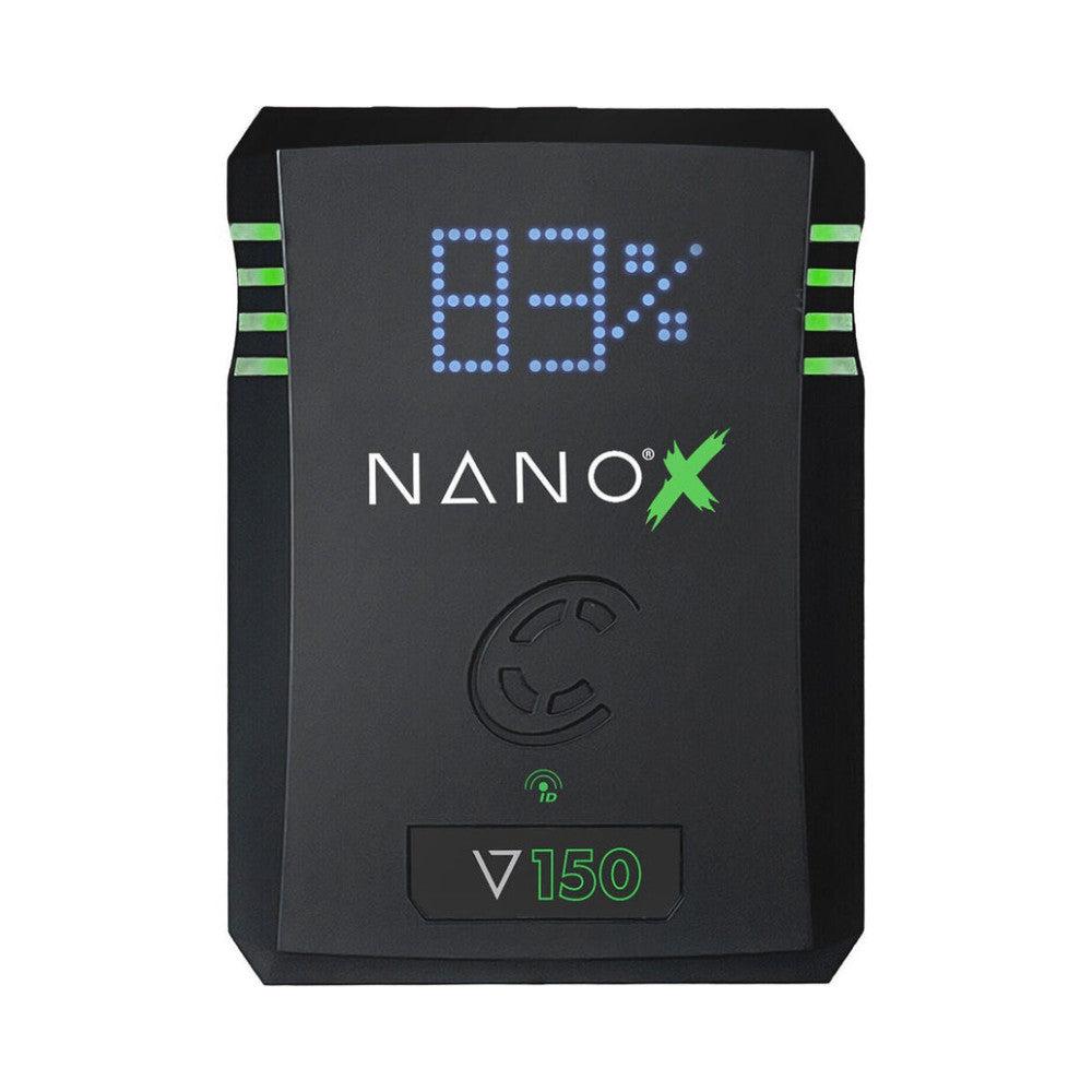 Front view of Core SWX NanoX V-Mount battery displaying blue LED screen showing "03%" capacity, green accent bars on sides, and model designation V150.