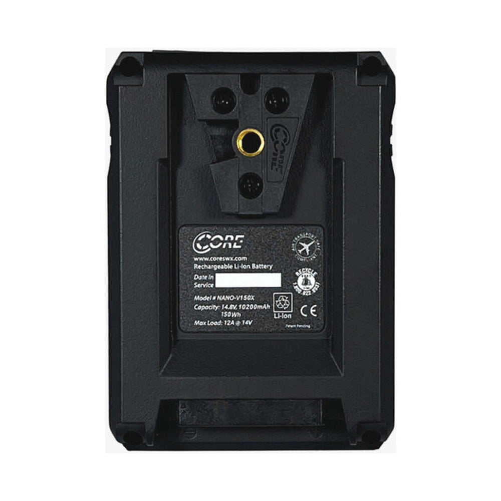Rear view of Core SWX NanoX Micro 150X V-Mount battery showing specifications label, mounting contacts, and gold charging port connector.